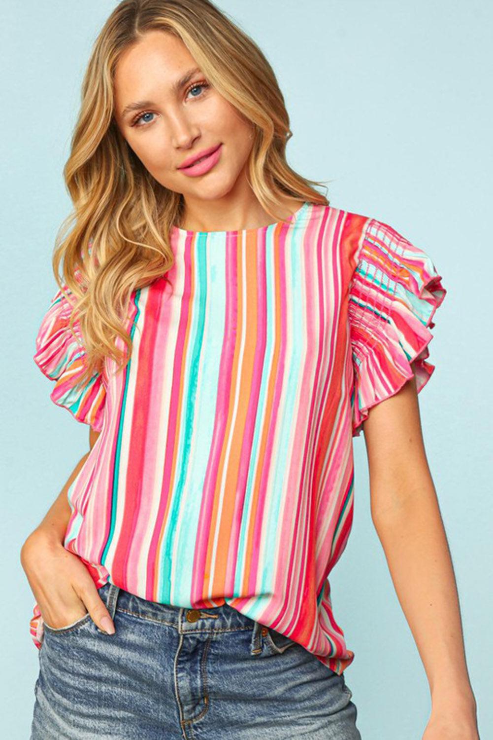 Multicolor Abstract Print Stitching Ruffle Sleeve Blouse - L & M Kee, LLC