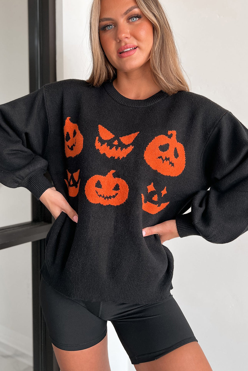 Black Halloween Pumpkin Face Pattern Drop Shoulder Sweater