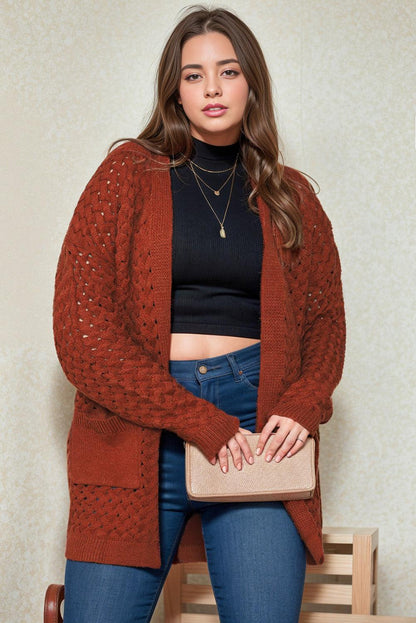 Chestnut Weave Knit Side Pockets Plus Size Cardigan - L & M Kee, LLC