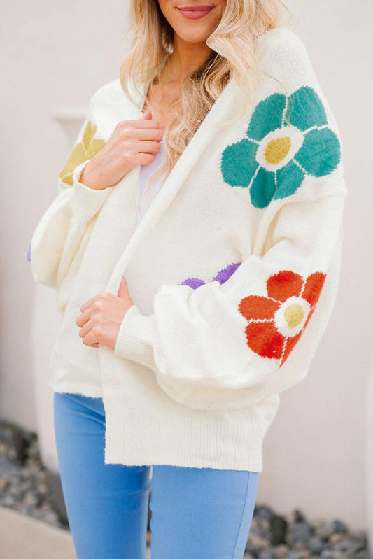 White Flower Jacquared Bubble Sleeve Open Cardigan - L & M Kee, LLC