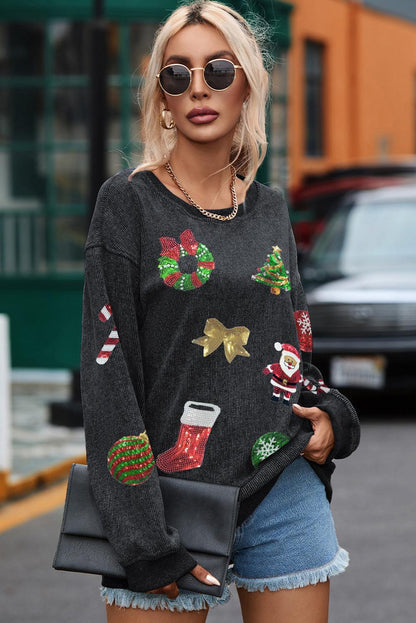 Black Sequined Christmas Graphic Corded Sweatshirt - L & M Kee, LLC