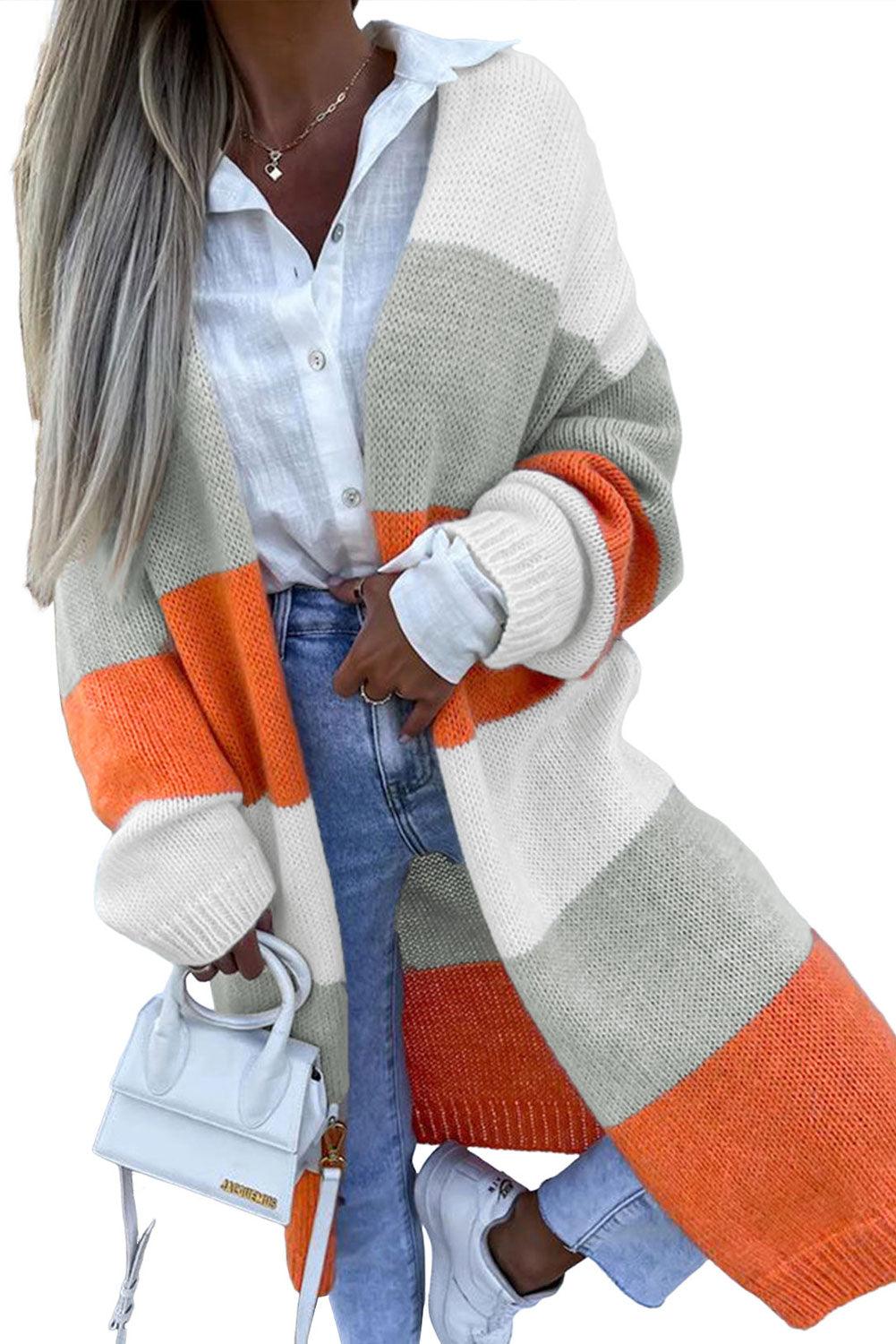 Orange Striped Color Block Drop Shoulder Midi Cardigan - L & M Kee, LLC