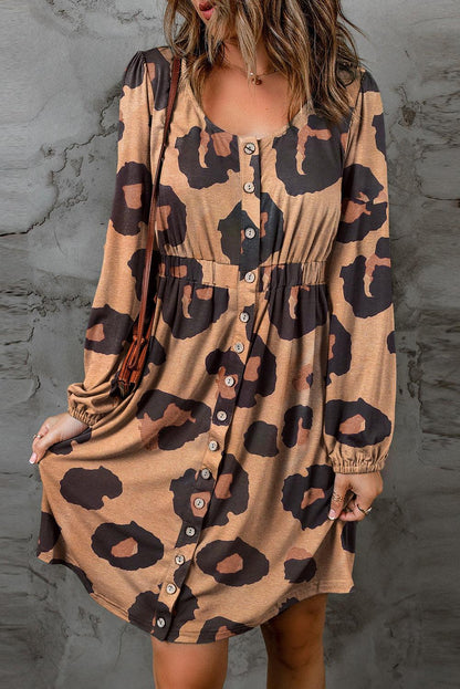 Leopard Print Button Front Bubble Sleeve Loose Knit Dress - L & M Kee, LLC