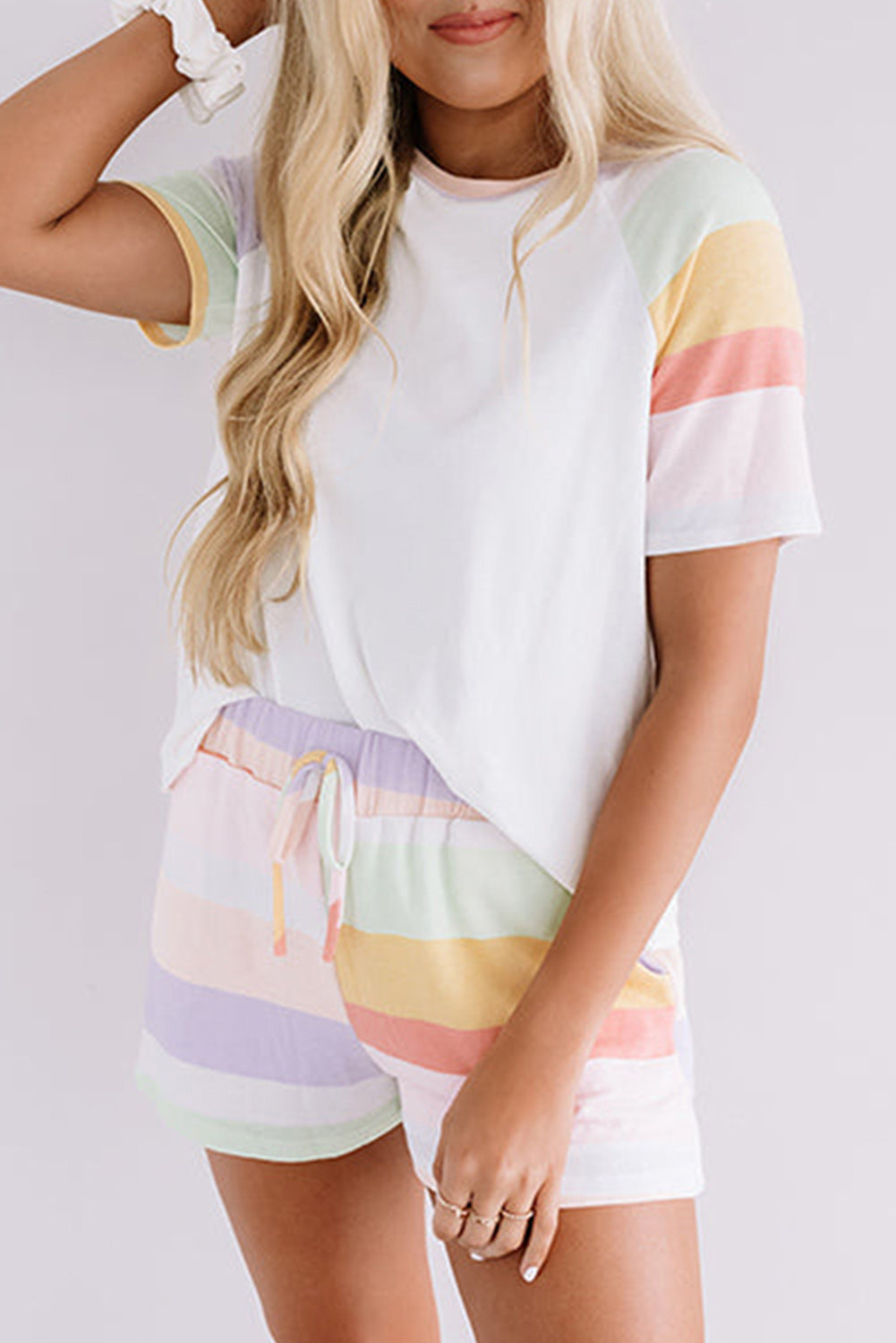 White Rainbow Striped T Shirt and Shorts Set