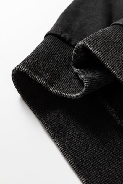 Black Half Zip Kangaroo Pocket Mineral Wash Baggy Hoodie