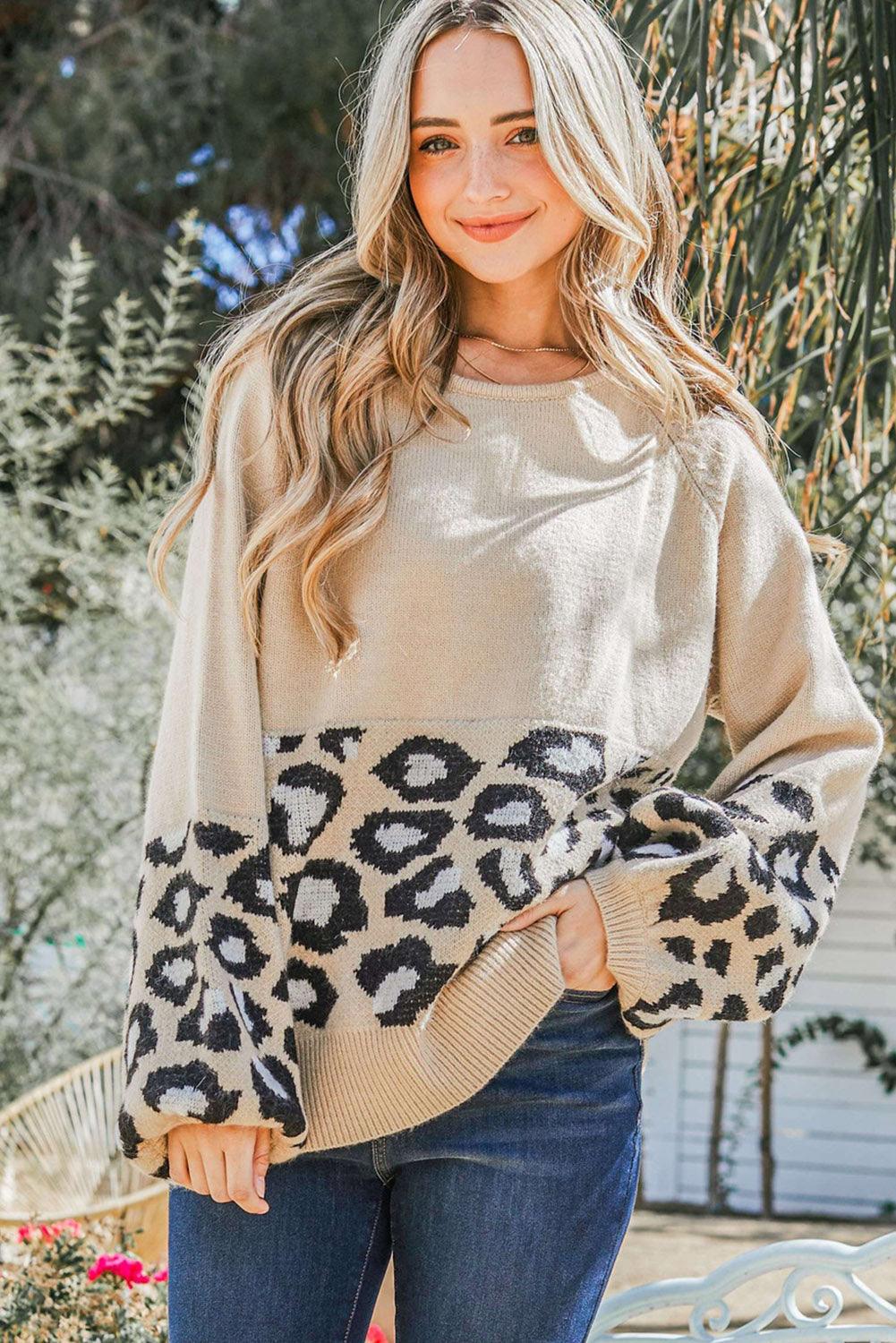 Khaki Leopard Patchwork Knitted Puff Sleeve Sweater - L & M Kee, LLC