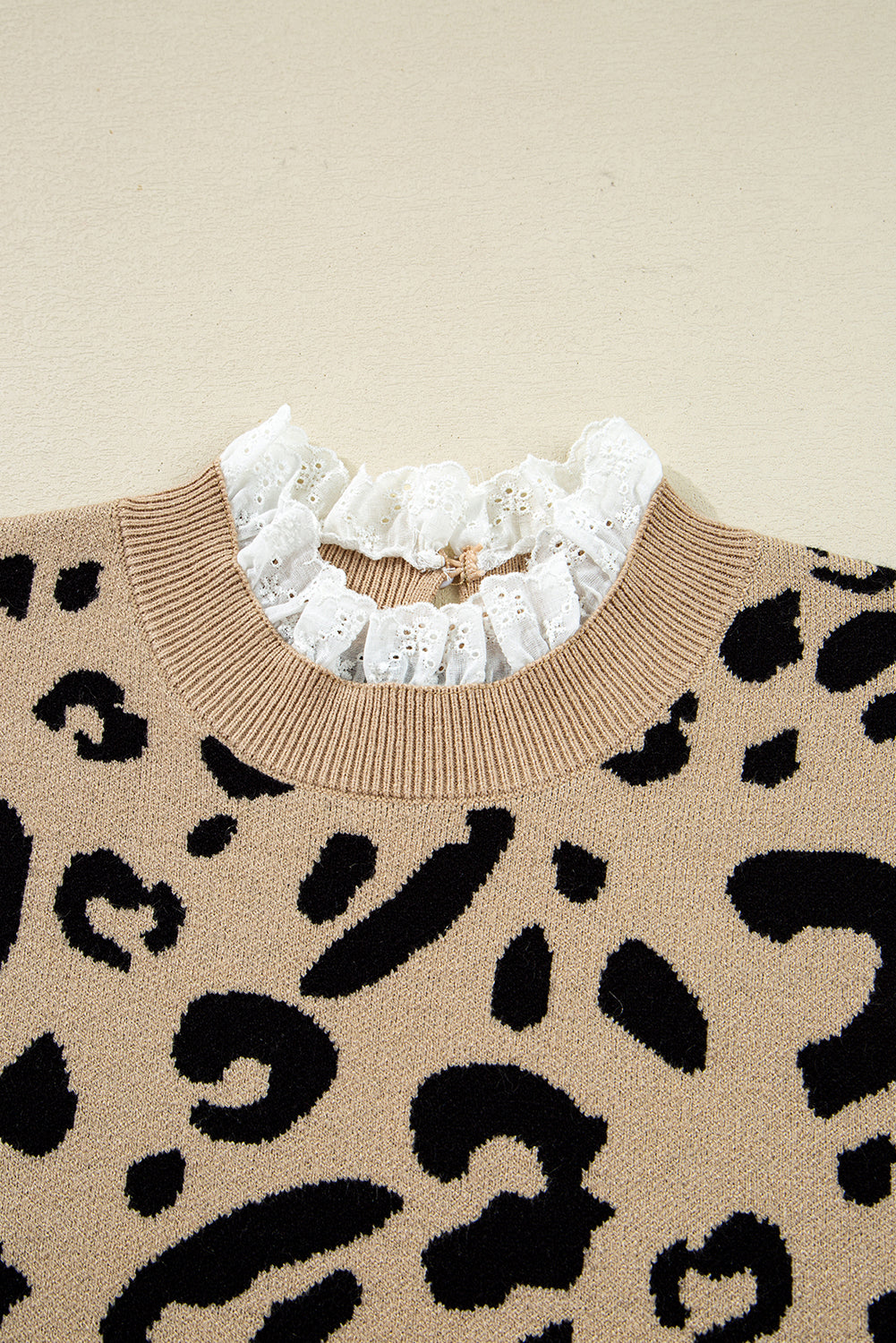Brown Leopard Pattern Lace Ribbed Detail Button Cuffed Sweater