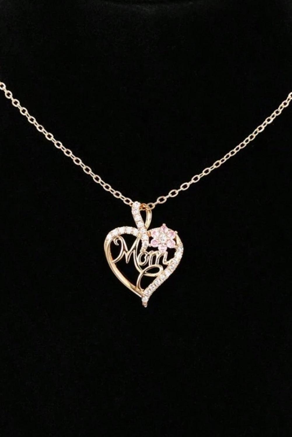 Gold Mom Rhinestone Flower Hollow-out Heart Necklace