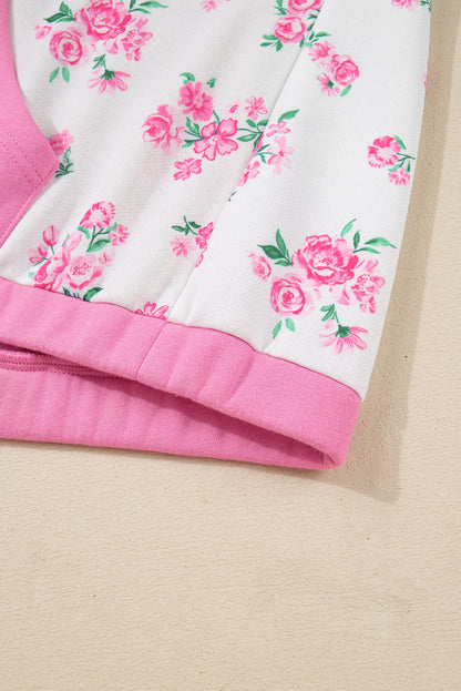 Pink Plus Size Contrast Polo Collar Floral Patchwork Elastic Cuffs Long Sleeve Top