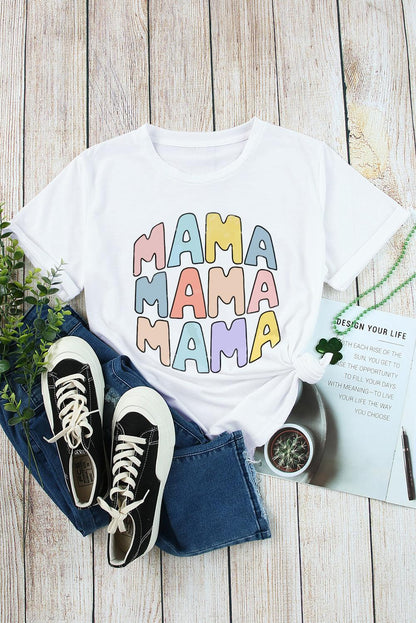 White MAMA Slogan Print Crew Neck Casual T Shirt - L & M Kee, LLC