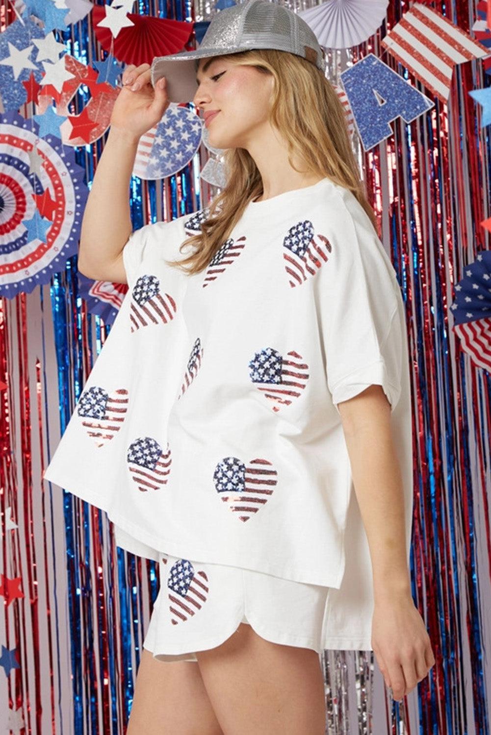 White American Flag Sequin Graphic Loose Top and Short Set - L & M Kee, LLC