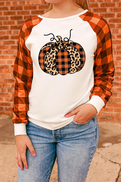 Halloween Pumpkin Graphic Plaid Raglan Long Sleeve Top - L & M Kee, LLC