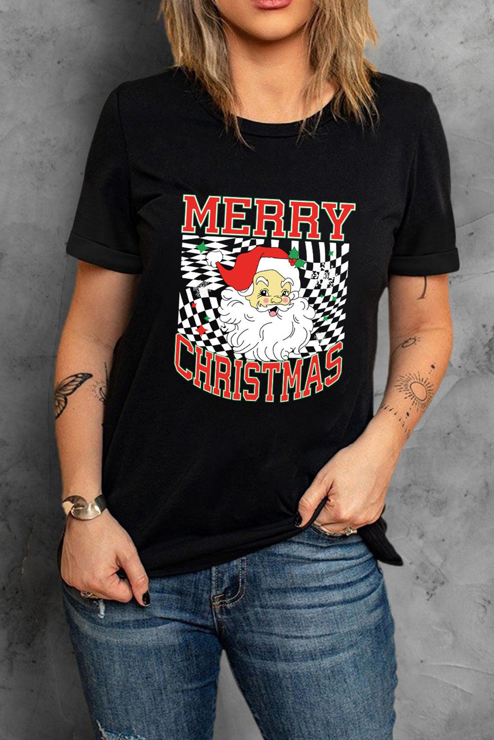 Black Santa Claus Plaid Print Christmas Crewneck Tee - L & M Kee, LLC
