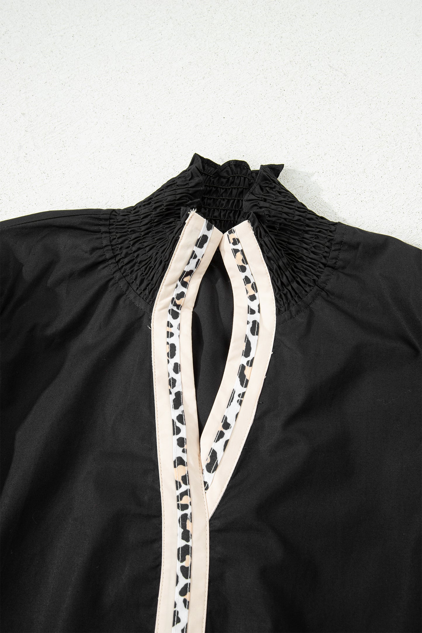 Black Puffy Flounce Sleeve Leopard Trim V Neck Blouse