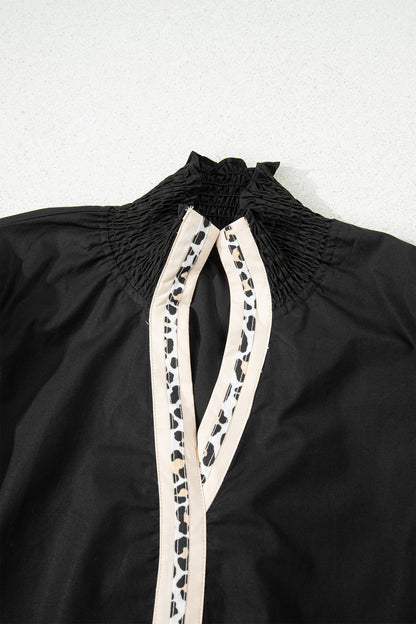 Black Puffy Flounce Sleeve Leopard Trim V Neck Blouse