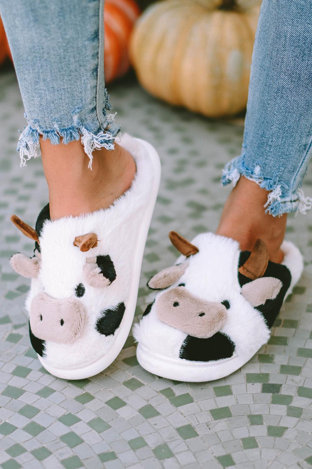 White Cartoon Animal Cow Plush Slippers - L & M Kee, LLC