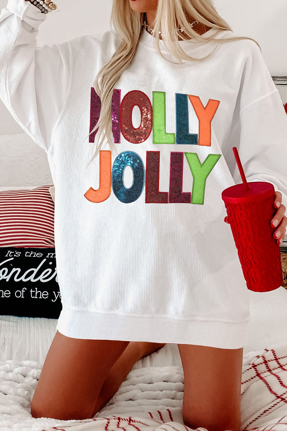 White Oversized Christmas Sequined HOLLY JOLLY Corded Crewneck Sweatshirt