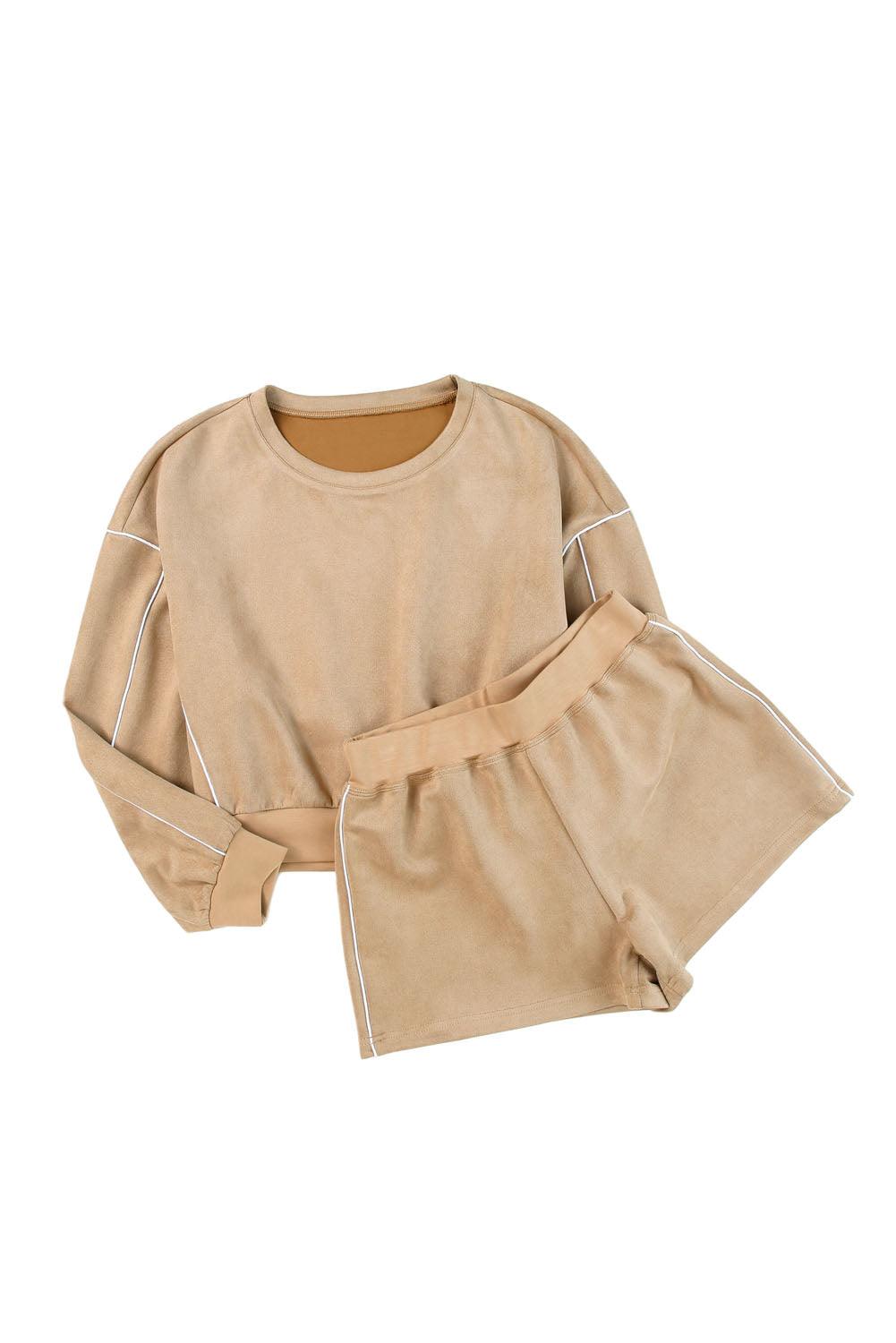 Khaki Piping Trim Long Sleeve Terry Shorts Set - L & M Kee, LLC