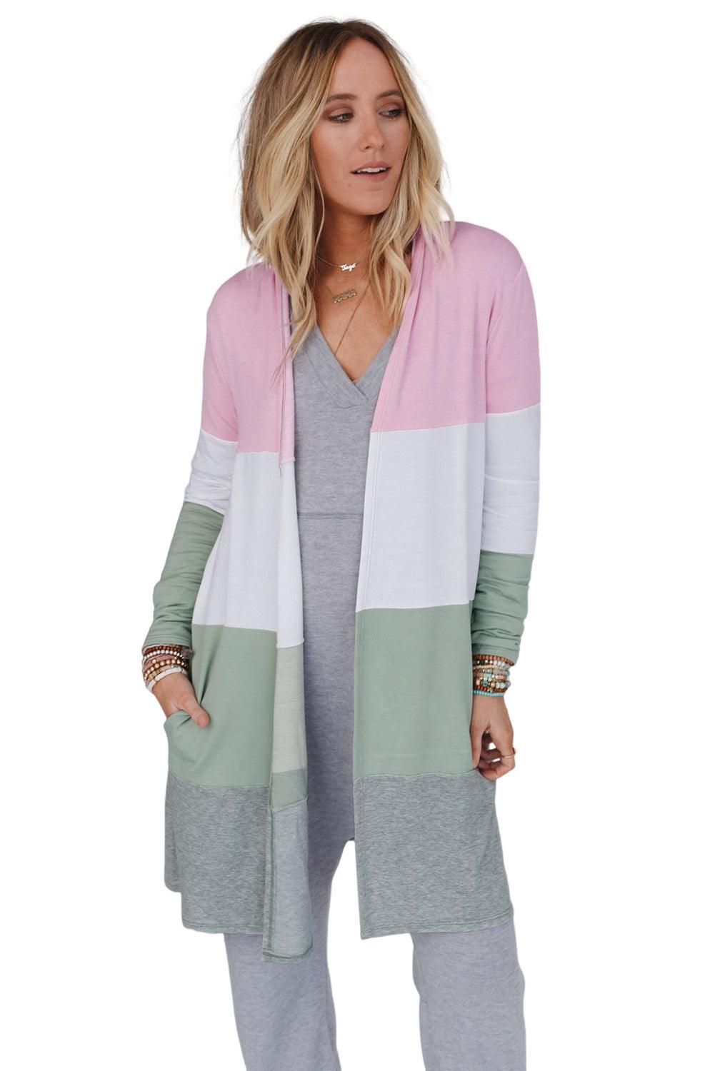 Multicolor Color Block Pocketed Casual Duster Cardigan - L & M Kee, LLC