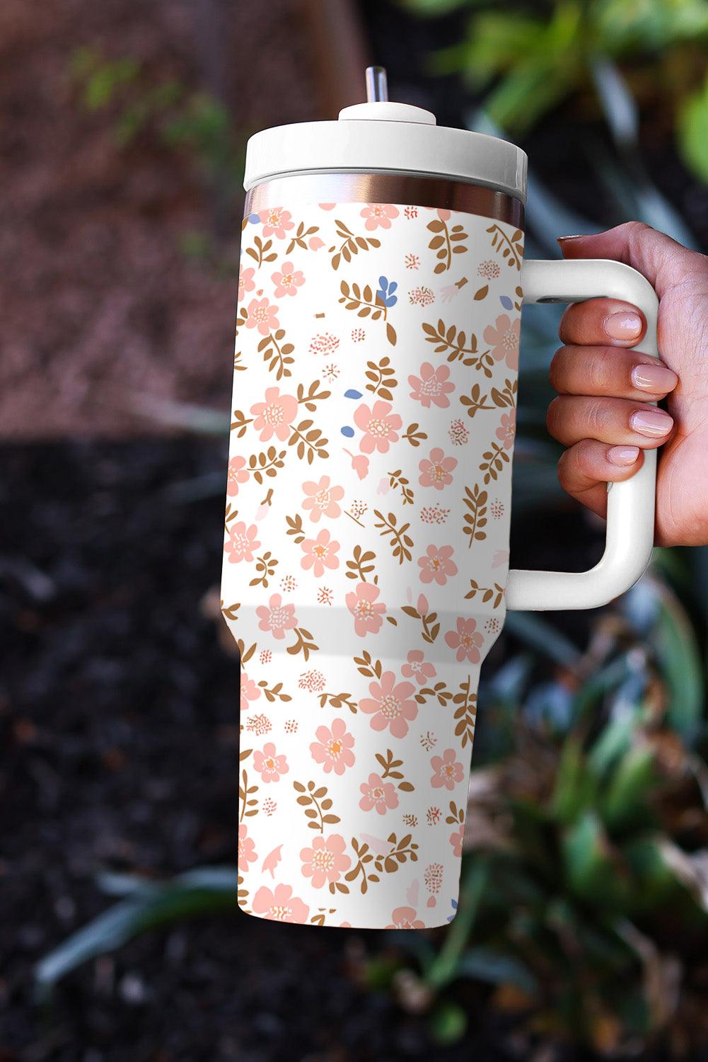 White Cute Flower Print Large Stainless Steel Tumbler 40oz - L & M Kee, LLC