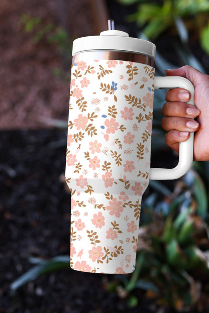 White Cute Flower Print Large Stainless Steel Tumbler 40oz - L & M Kee, LLC