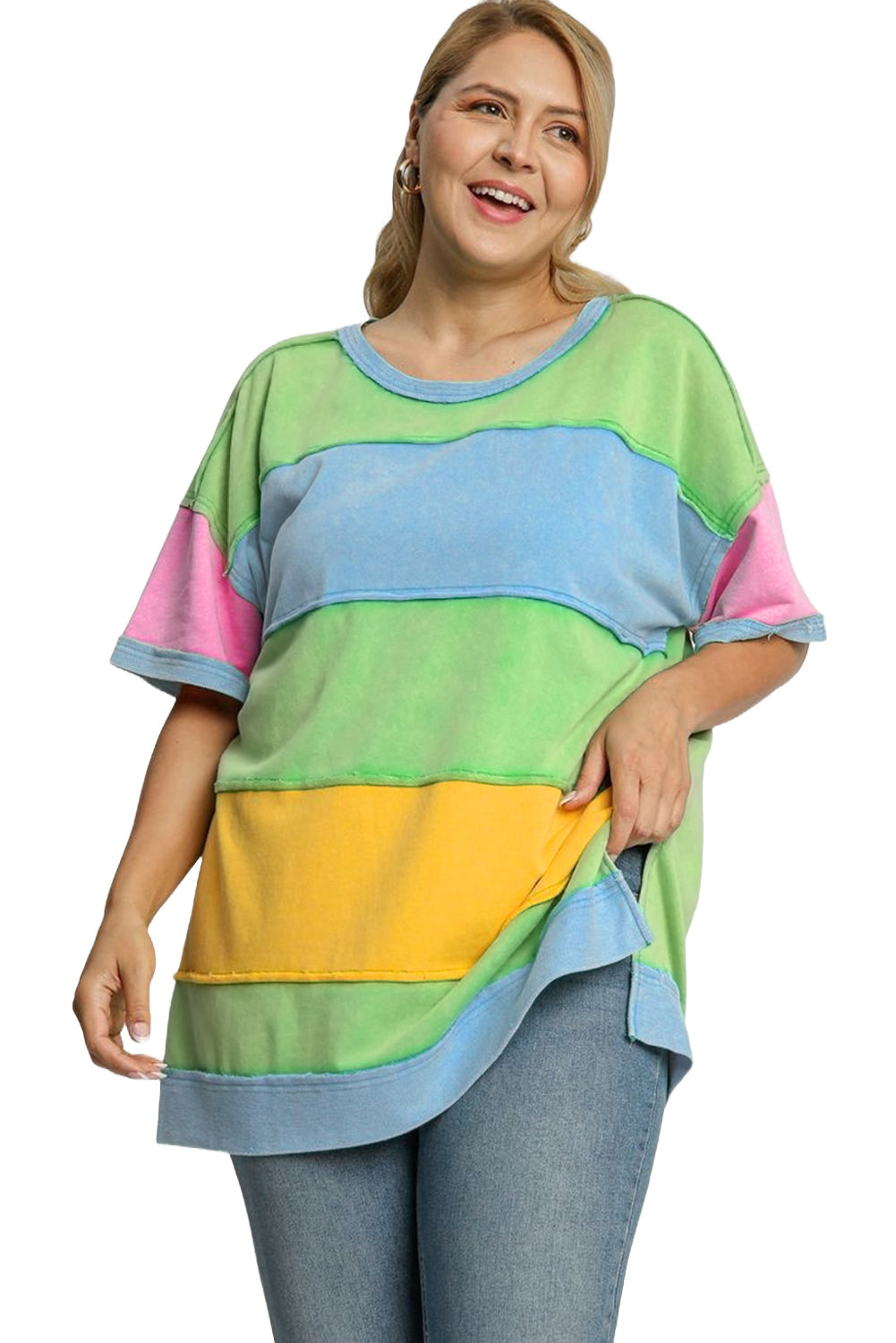 Light Blue Color Block Exposed Seam Patchwork Plus Size T Shirt