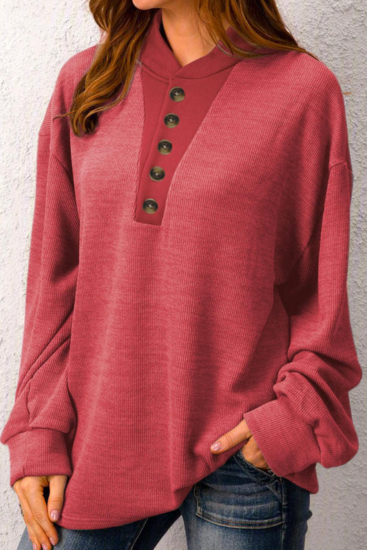 Red Plain Buttoned Henley Sweatshirt - L & M Kee, LLC