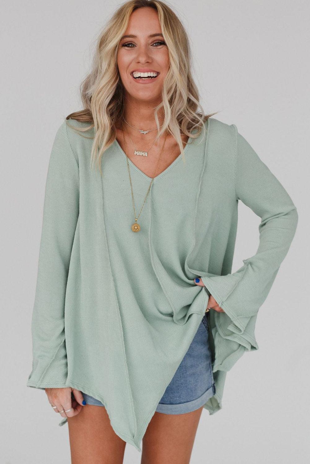 Ribbed Expose Seam Bell Sleeve Top - L & M Kee, LLC