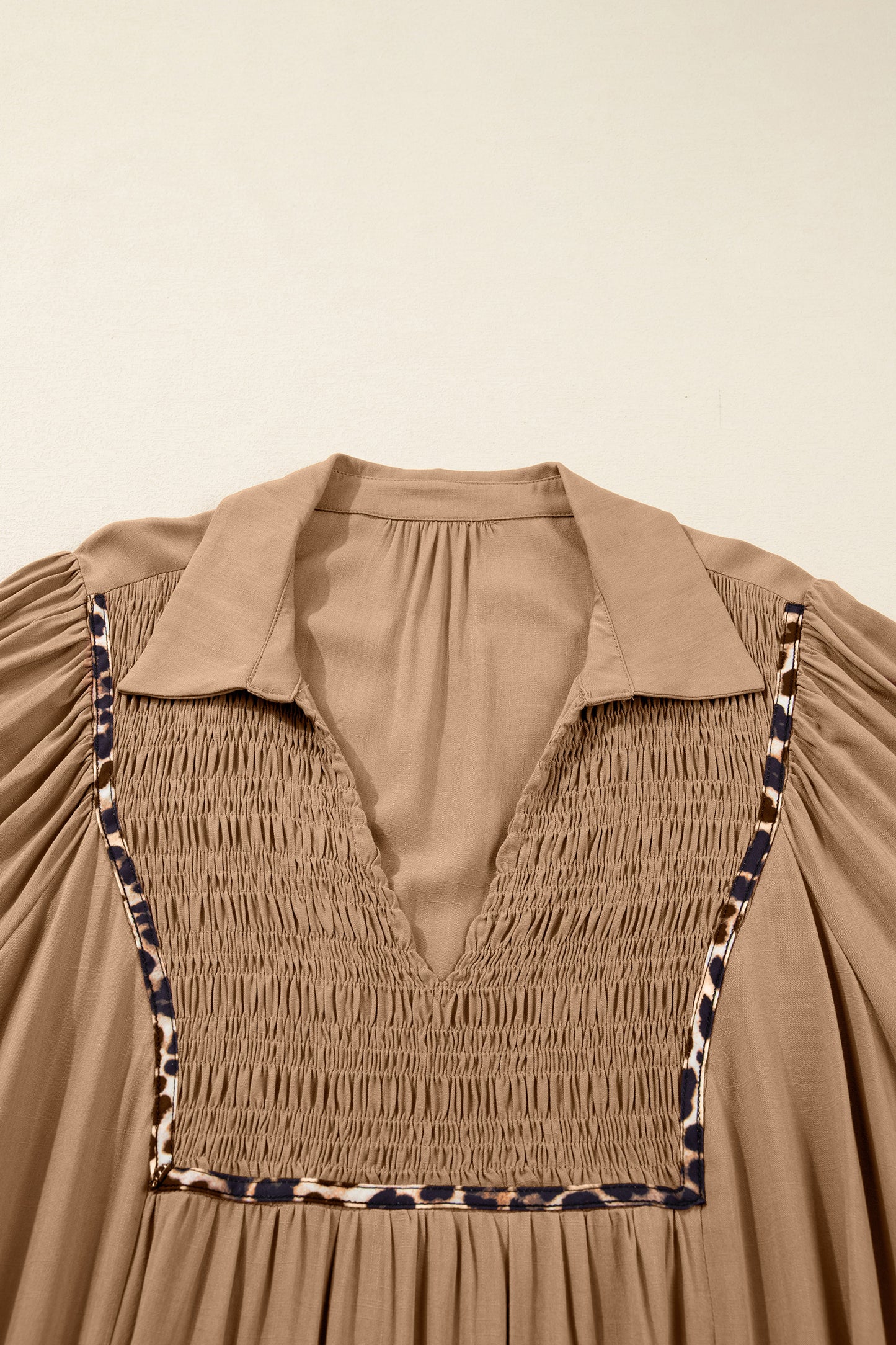 Chestnut Smocked V Neckline Leopard Piping Accent Bracelet Plus Size Long Dress