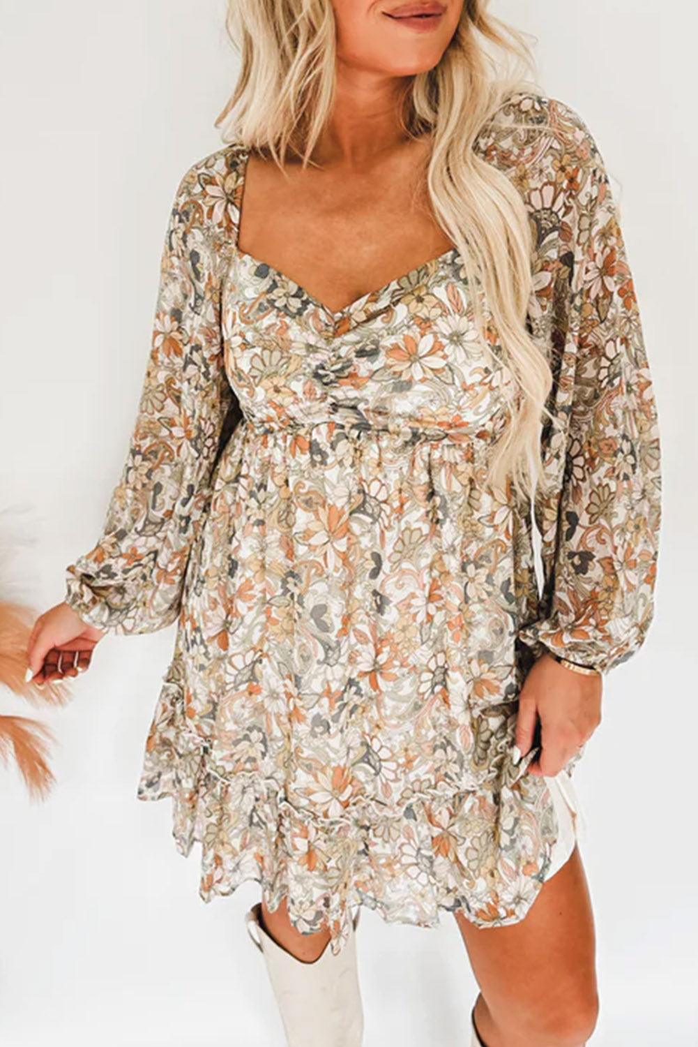 Floral Print Smocked Back Puff Sleeve Mini Dress - L & M Kee, LLC