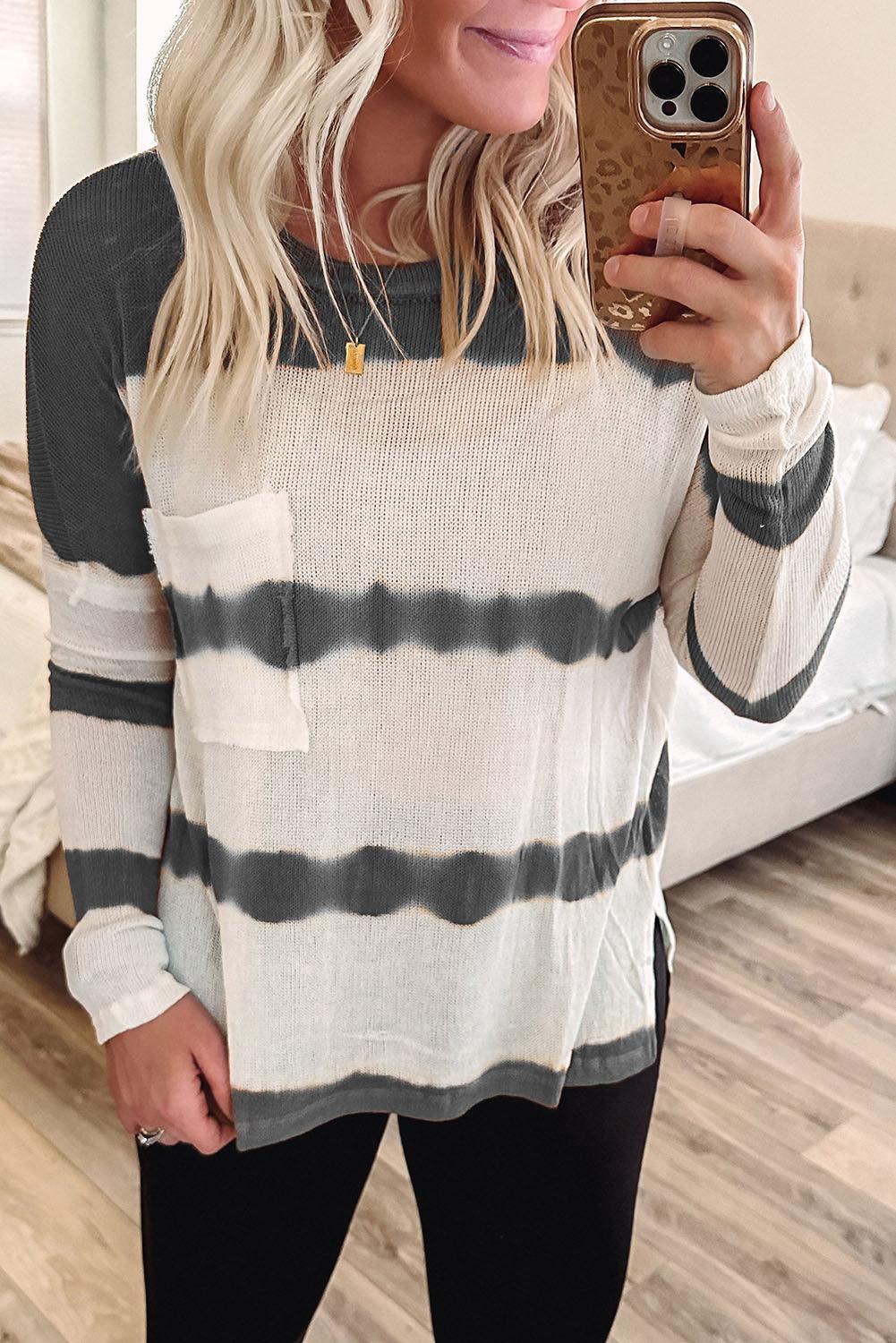 Tie Dye Striped Loose Knitted Long Sleeve Top with Slits - L & M Kee, LLC