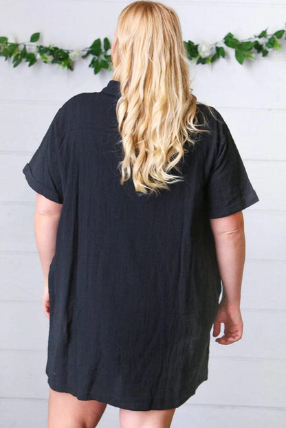 Black Plus Size Shirt Collar Buttoned Short Sleeve Shift Dress - L & M Kee, LLC