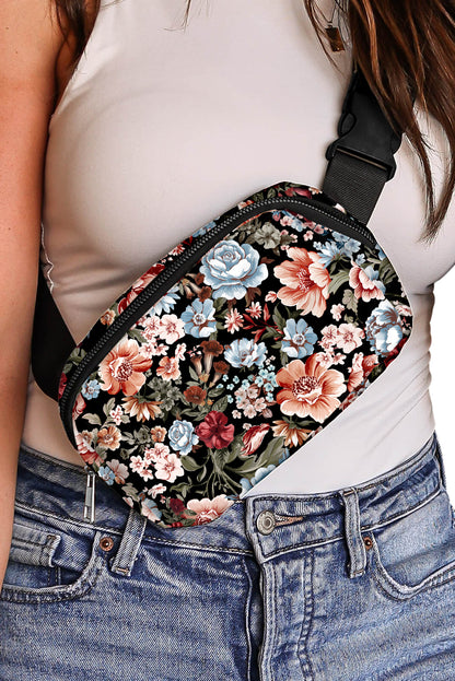 Black Floral Print Zipper Wide Strap Sling Bag