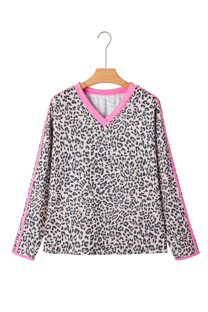 Khaki Leopard Print Contrast V Neck Varsity Stripe Detail Long Sleeve Top