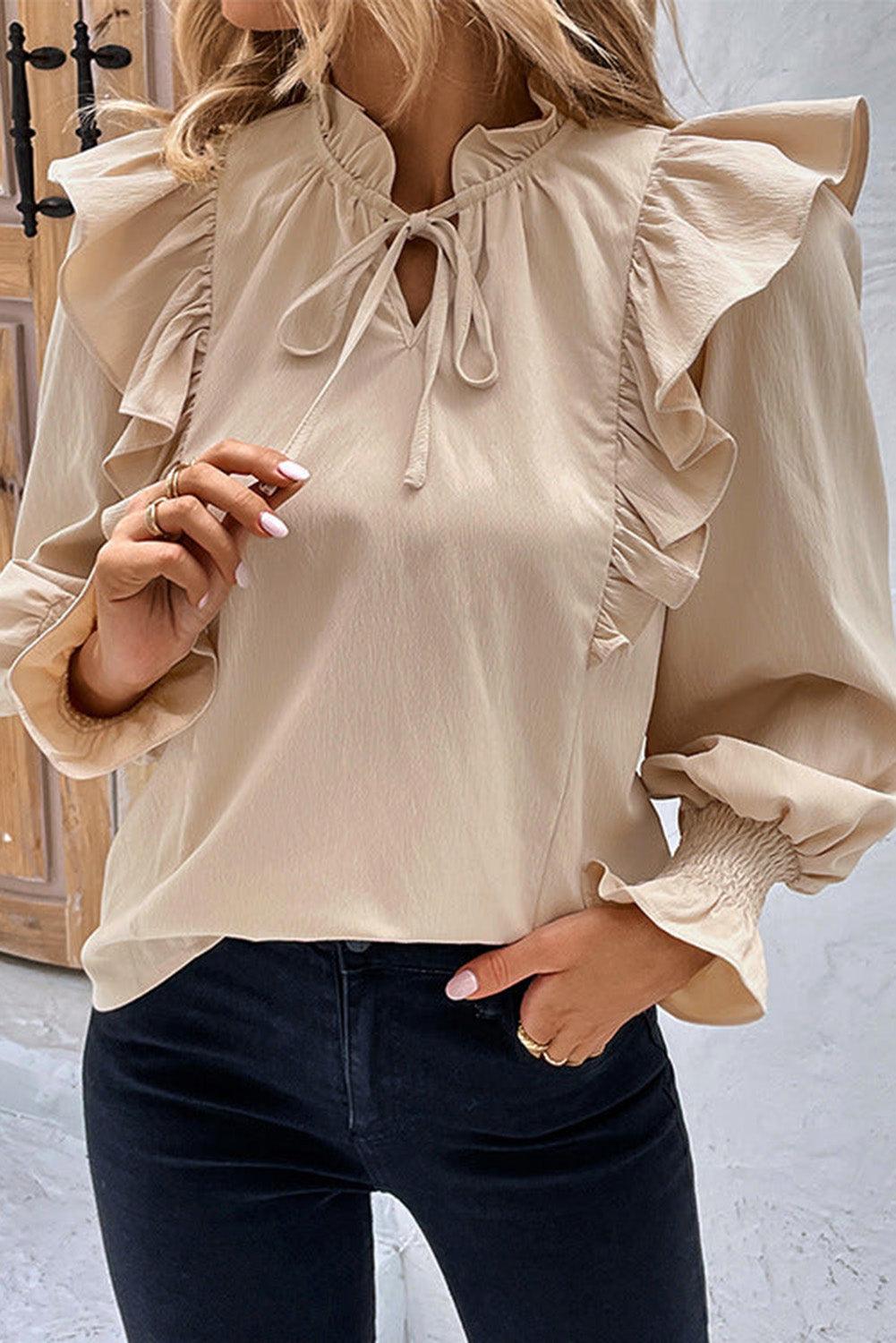 Khaki Ruffled Lace up Bubble Sleeve Blouse - L & M Kee, LLC