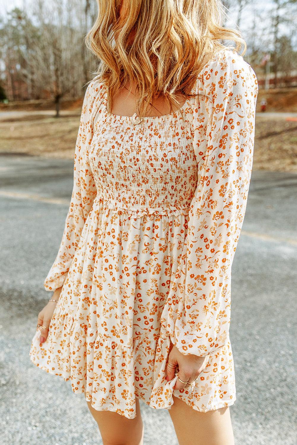 Light Blue Boho Floral Smocked Puff Sleeve Mini Dress - L & M Kee, LLC