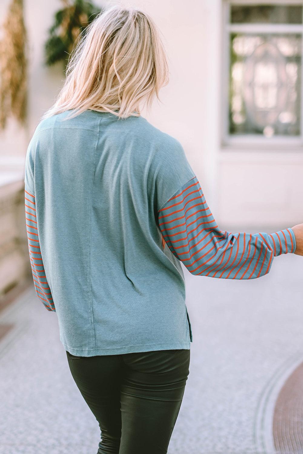 Green Colorblock Striped Bishop Sleeve Top - L & M Kee, LLC