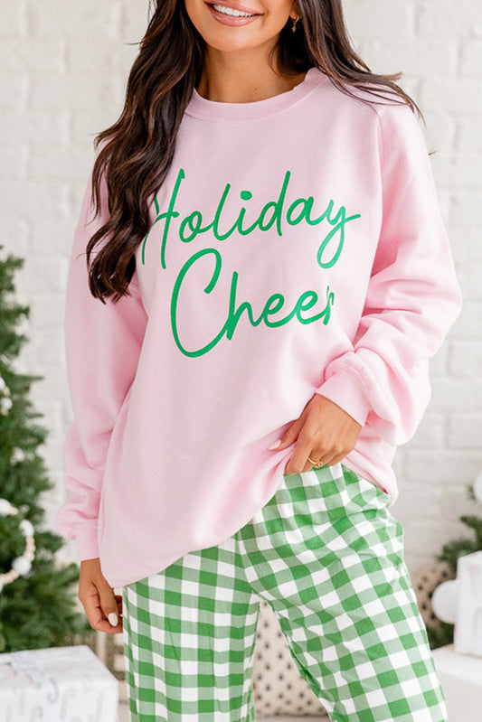 Pink Holiday Cheer Letter Graphic Christmas Slogan Sweatshirt