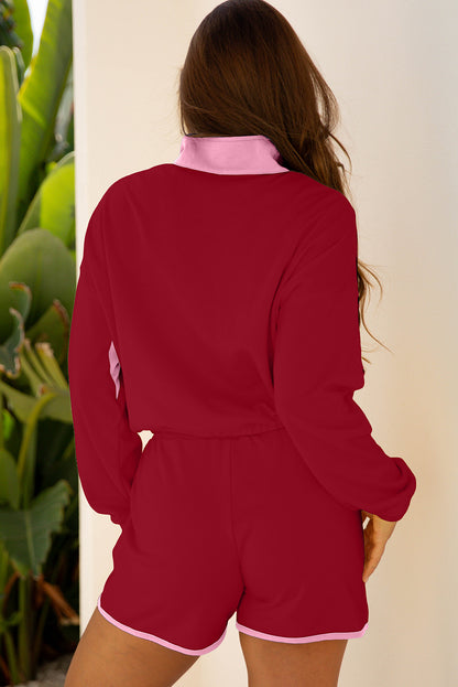 Red Dahlia Color Block Patchwork Half Button Pullover and Shorts 2pcs Outfit