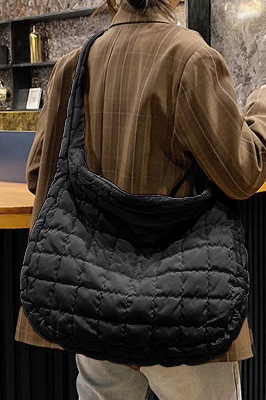 Black Quilted Zipper Large Shoulder Bag - L & M Kee, LLC