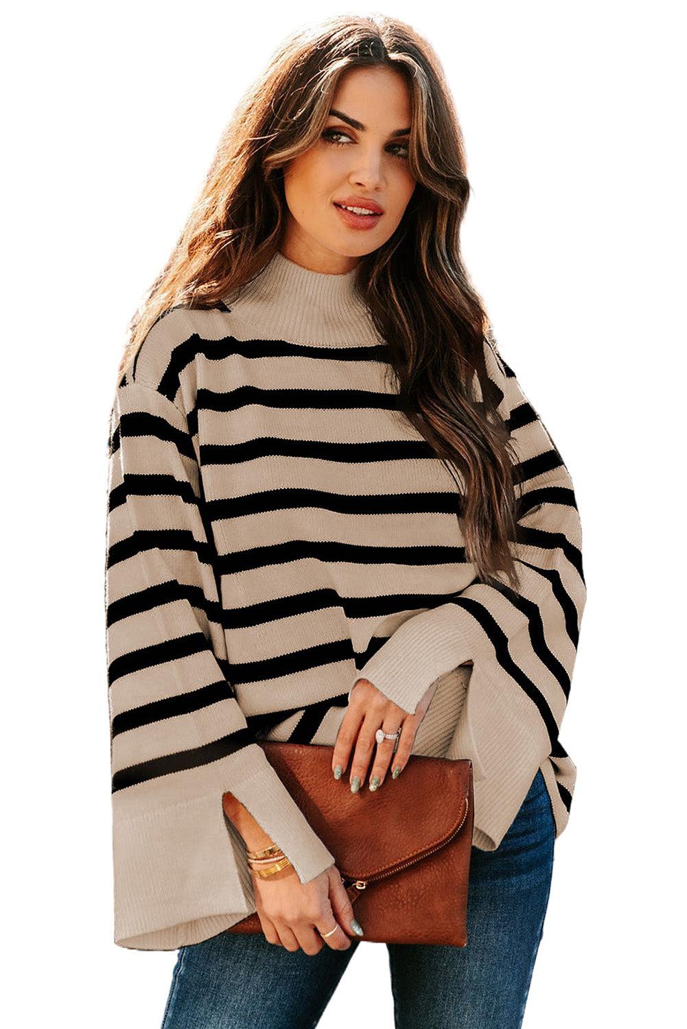 Khaki Striped Mock Neck Bell Sleeve Knit Sweater - L & M Kee, LLC