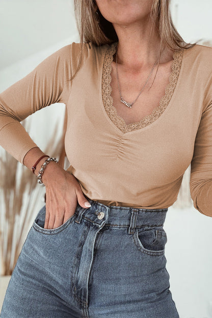 Smoke Gray Lace-trimmed Sweetheart Neckline Ruched Detail Long Sleeve T-shirt