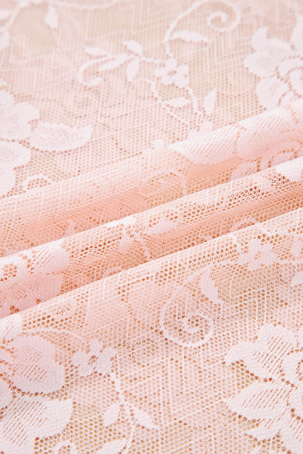 Apricot Pink Sheer Floral Lace Mesh Mock Neck Long Sleeve Top