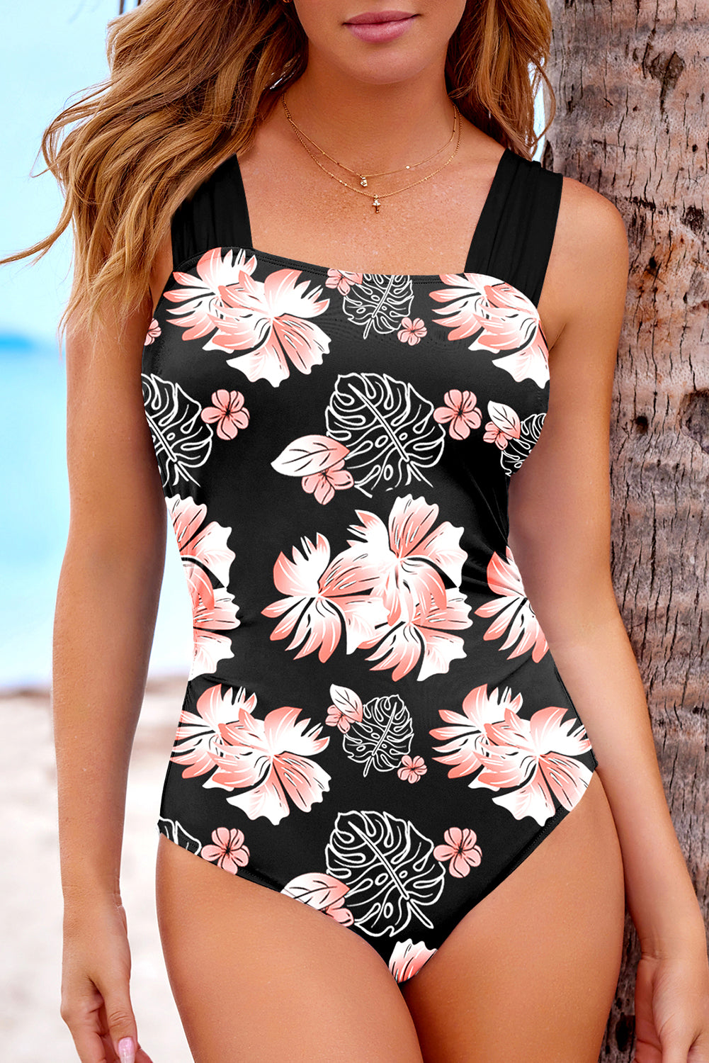 Black Floral Print Square Neck Ruched Tommy Control One Piece Swimsuit