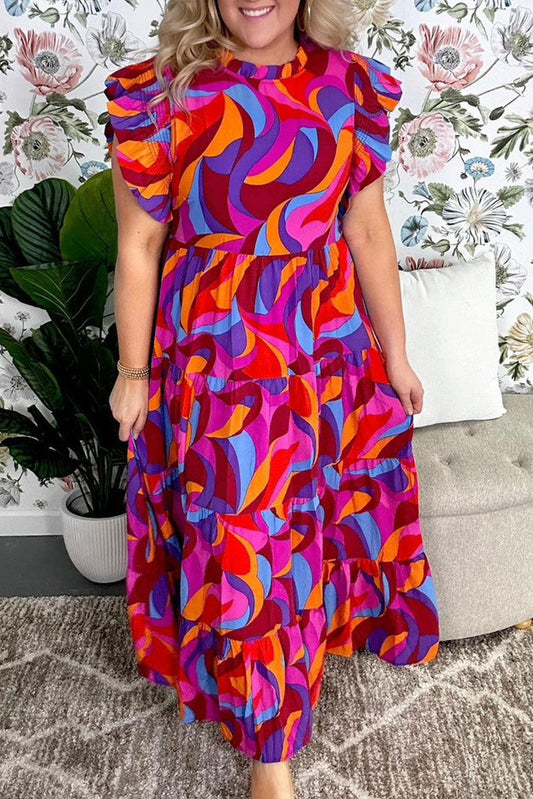 Multicolour Plus Abstract Print Ruffled Mock Neck Tiered Maxi Dress - L & M Kee, LLC