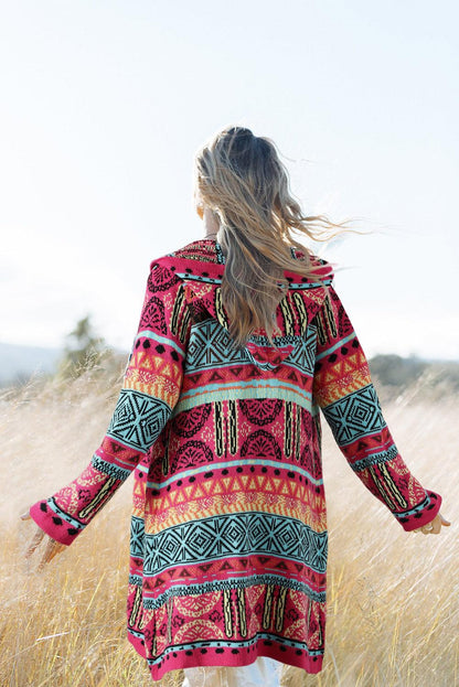 Rose Boho Aztec Knitted Pom Pom Tie Hooded Cardigan - L & M Kee, LLC