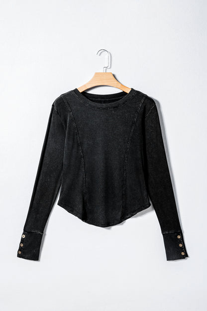 Black Exposed Seam Ribbed Long Sleeve Top