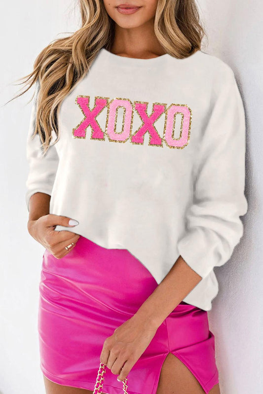 White XOXO Glitter Print Round Neck Casual Sweater - L & M Kee, LLC