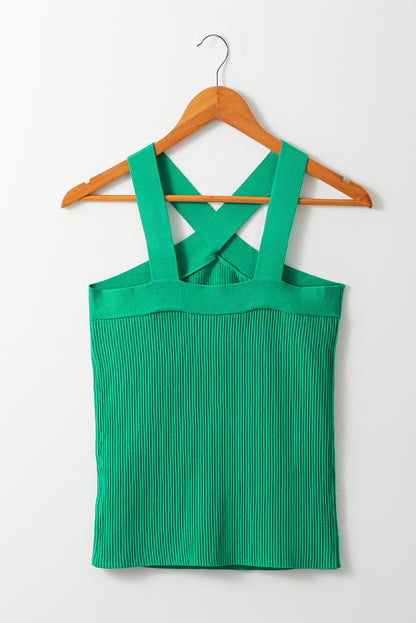 Dark Green Ribbed Criss Cross Halter Neck Sheath Sweater Tank Top