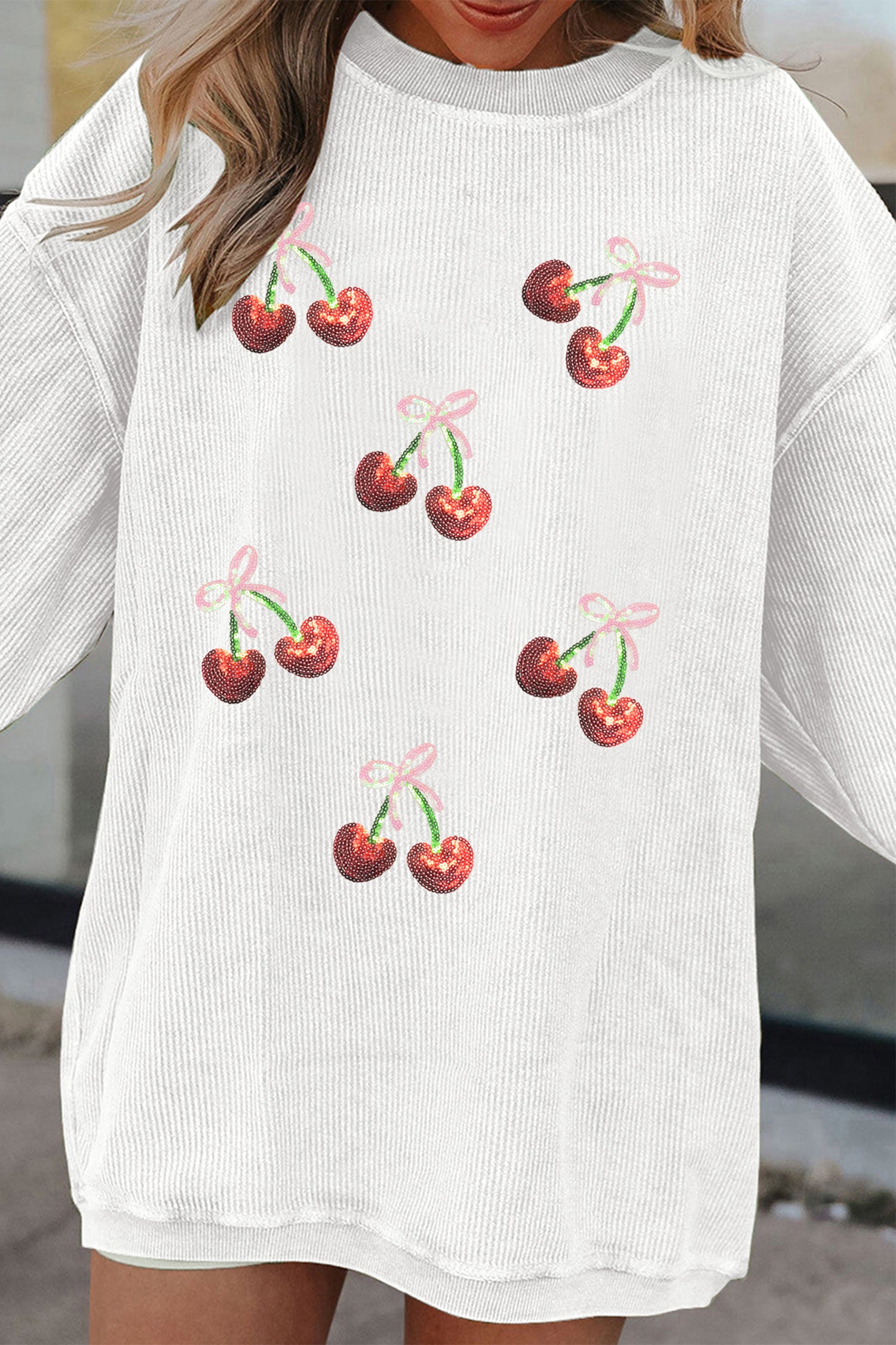 White Corded Ribbed Sequin Cherry Bow Patched Drop Shoulder Sweatshirt